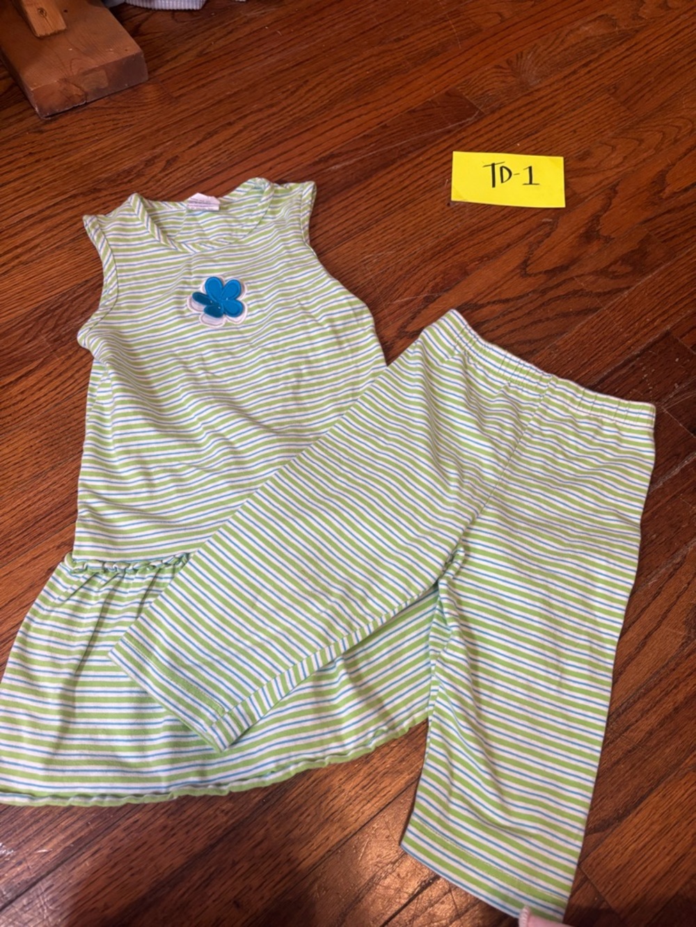 Mallory may Girls' Green & White Striped Pajama Set with Blue Flower Applique